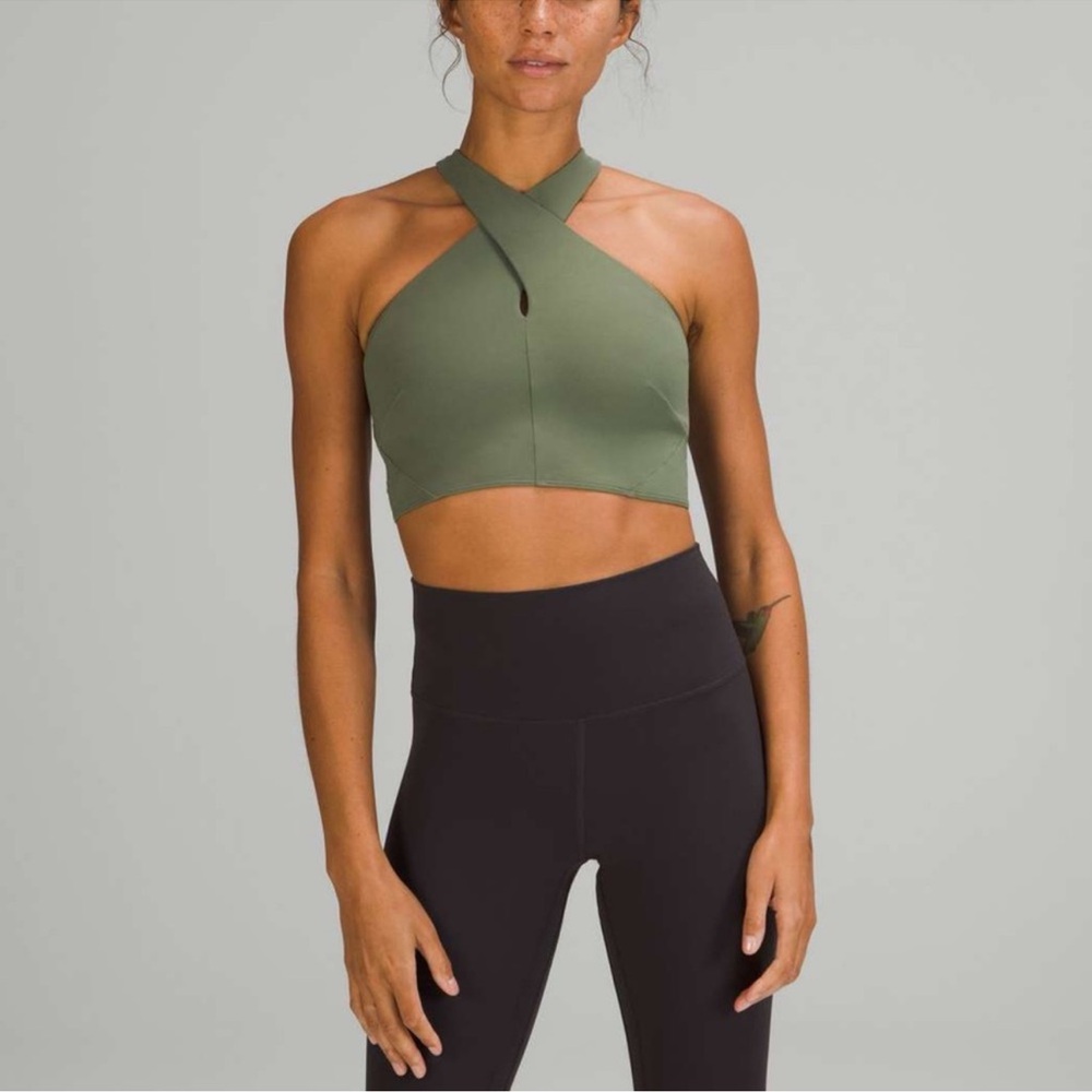 Lululemon Athletica Nulu Wrap-Front Longline Sports Bra Size 2 Green Twill Sport